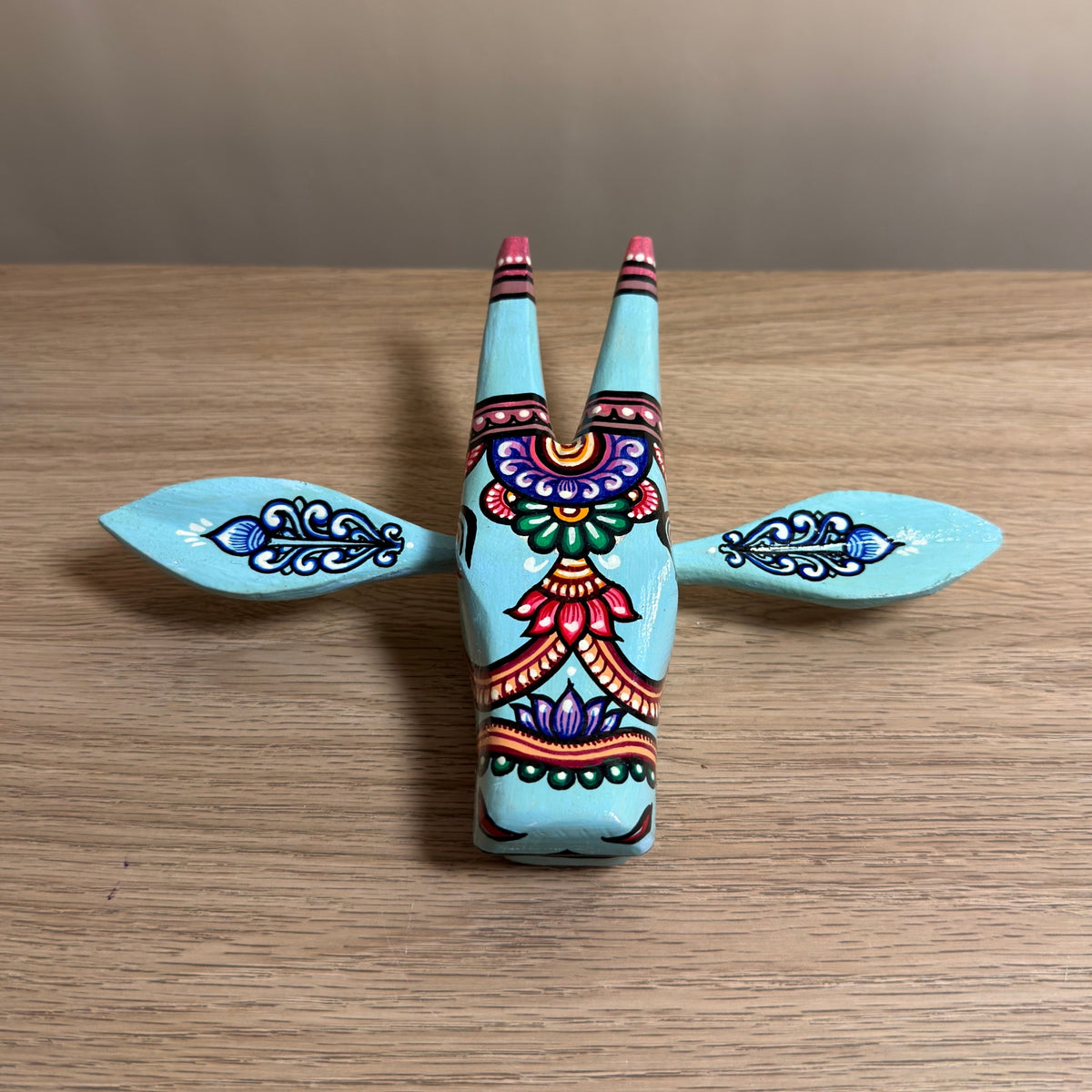 handcrafted wooden cow head wall hanging | aqua blue traditional odisha folk art accent