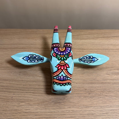 Handcrafted Wooden Cow Head Wall Hanging | Aqua Blue Traditional Odisha Folk Art Accent