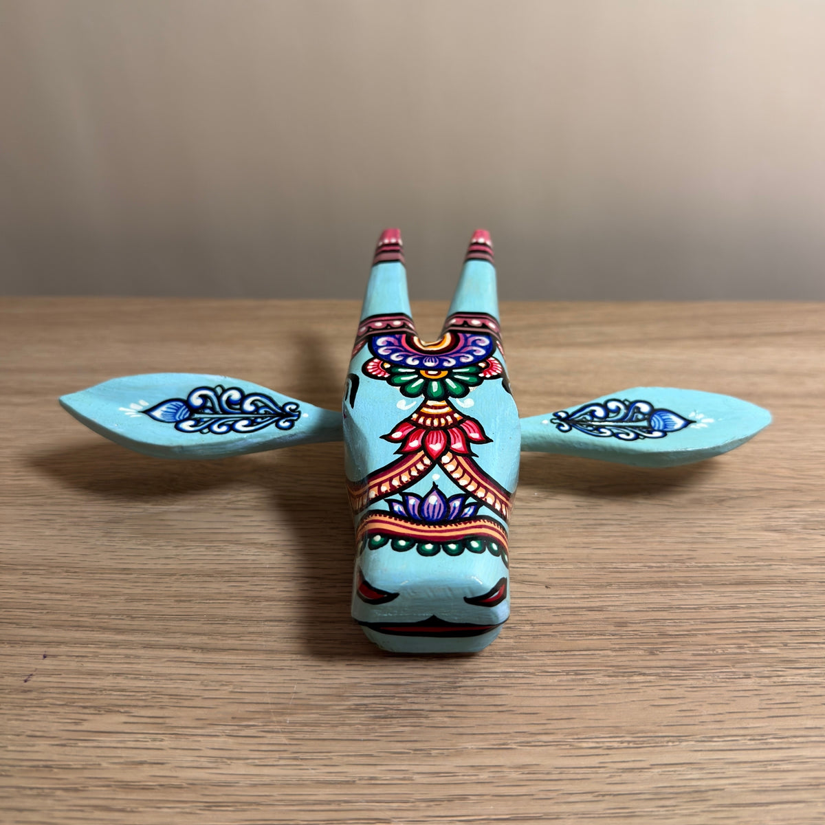 handcrafted wooden cow head wall hanging | aqua blue traditional odisha folk art accent