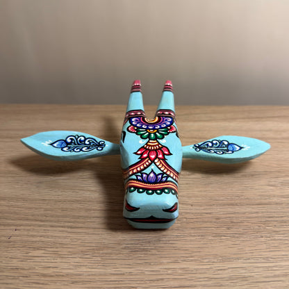 Handcrafted Wooden Cow Head Wall Hanging | Aqua Blue Traditional Odisha Folk Art Accent
