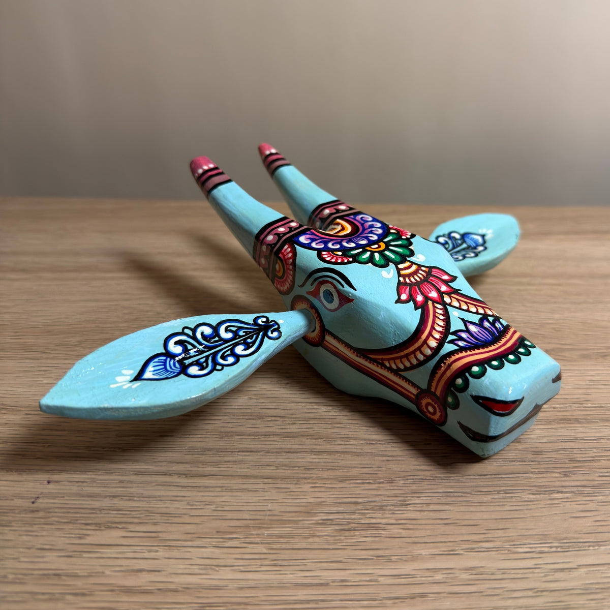 handcrafted wooden cow head wall hanging | aqua blue traditional odisha folk art accent