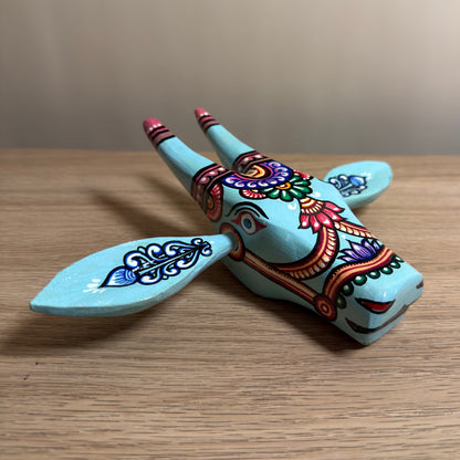 Handcrafted Wooden Cow Head Wall Hanging | Aqua Blue Traditional Odisha Folk Art Accent