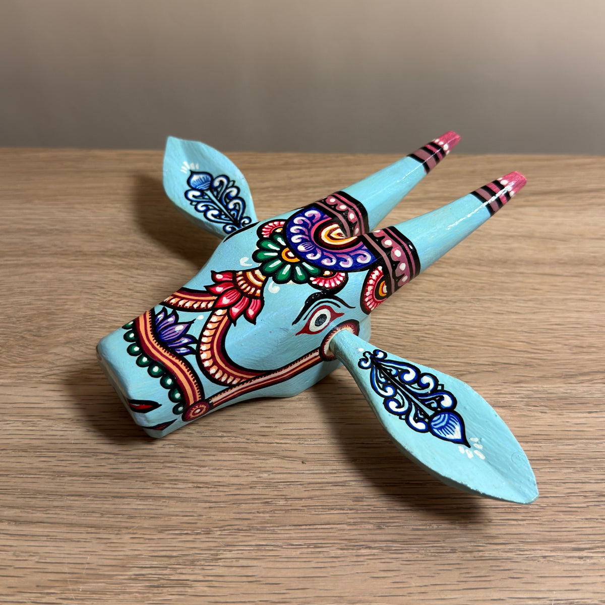 handcrafted wooden cow head wall hanging | aqua blue traditional odisha folk art accent