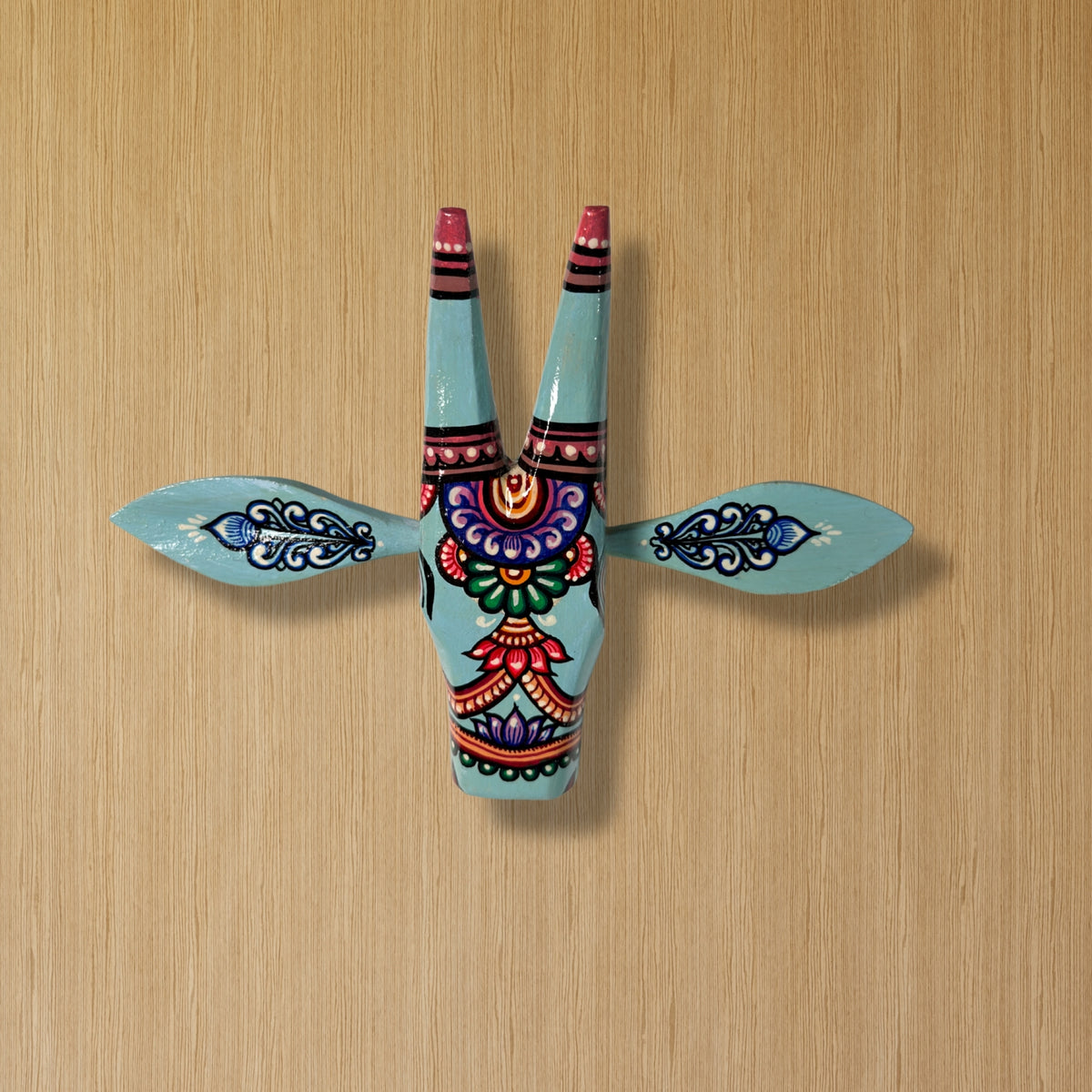 handcrafted wooden cow head wall hanging | aqua blue traditional odisha folk art accent