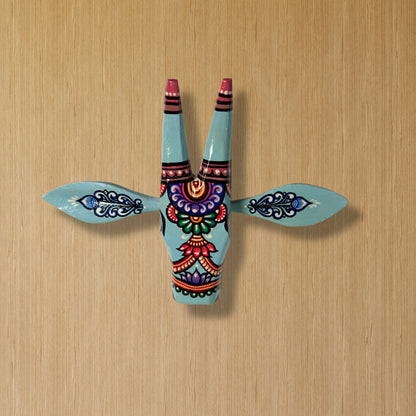 Handcrafted Wooden Cow Head Wall Hanging | Aqua Blue Traditional Odisha Folk Art Accent