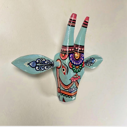 Handcrafted Wooden Cow Head Wall Hanging | Aqua Blue Traditional Odisha Folk Art Accent