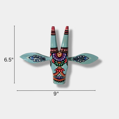 Handcrafted Wooden Cow Head Wall Hanging | Aqua Blue Traditional Odisha Folk Art Accent