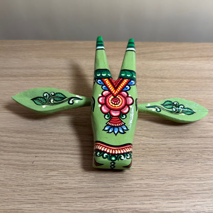 Handcrafted Wooden Cow Head Wall Hanging | Olive Green Traditional Odisha Folk Art Accent