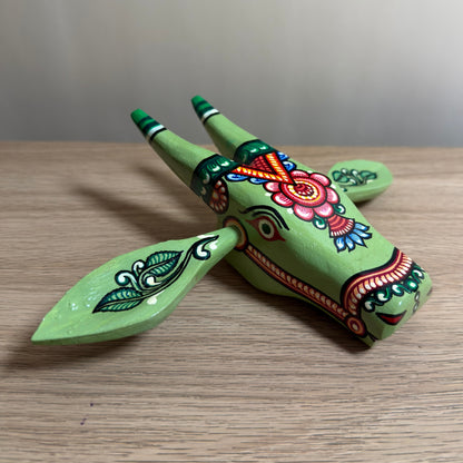 Handcrafted Wooden Cow Head Wall Hanging | Olive Green Traditional Odisha Folk Art Accent