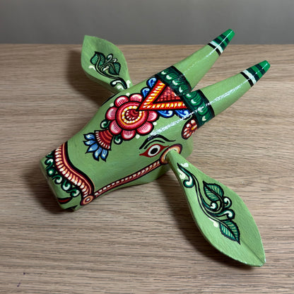 Handcrafted Wooden Cow Head Wall Hanging | Olive Green Traditional Odisha Folk Art Accent