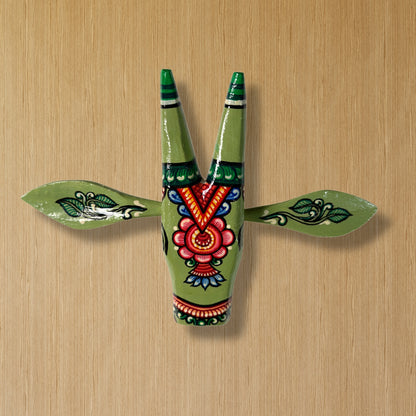 Handcrafted Wooden Cow Head Wall Hanging | Olive Green Traditional Odisha Folk Art Accent