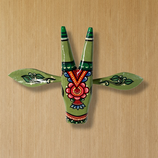 Handcrafted Wooden Cow Head Wall Hanging | Olive Green Traditional Odisha Folk Art Accent
