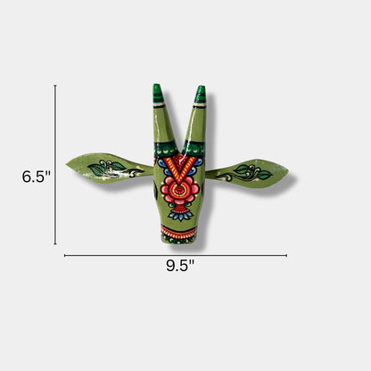 Handcrafted Wooden Cow Head Wall Hanging | Olive Green Traditional Odisha Folk Art Accent