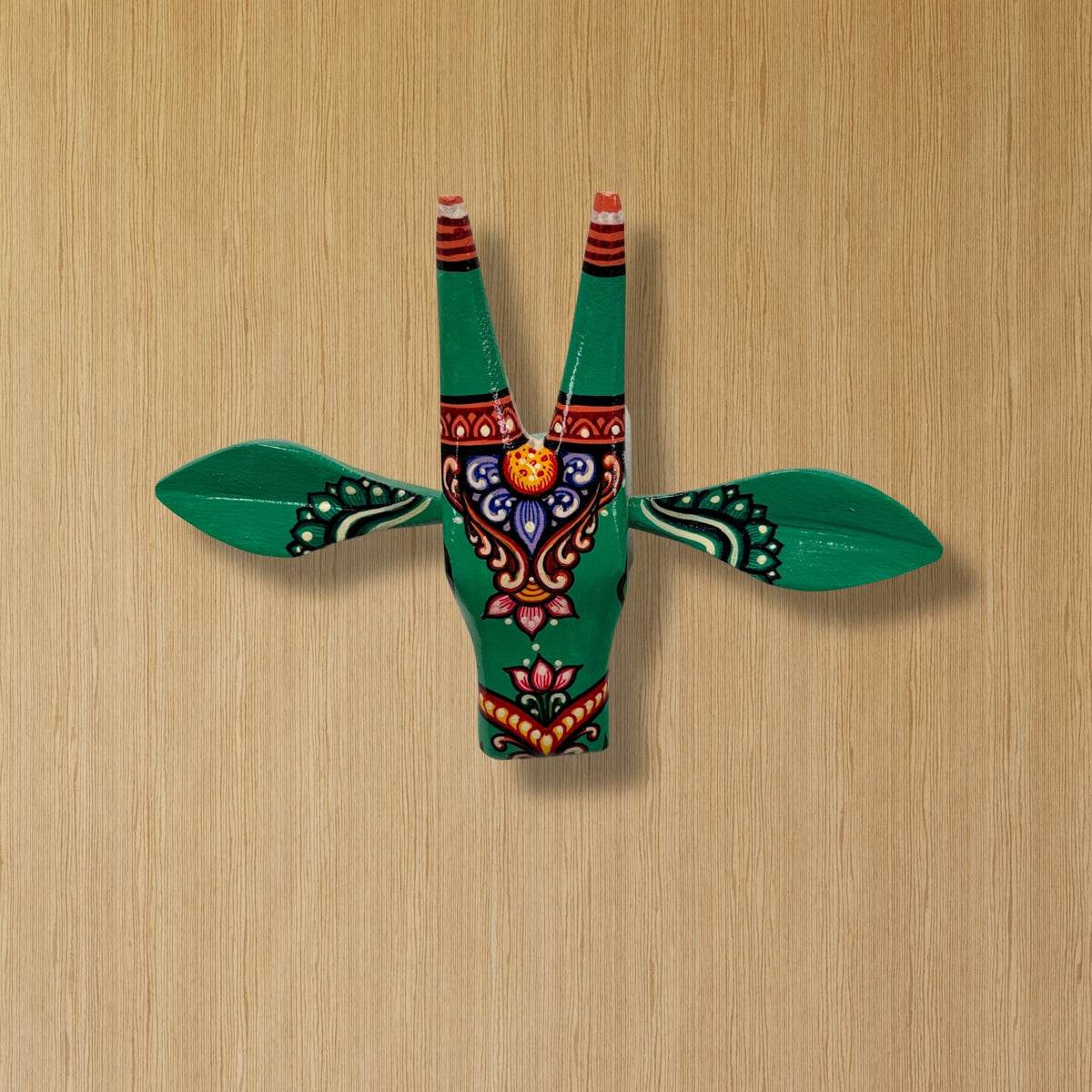 handcrafted wooden cow head wall hanging | emerald green traditional odisha folk art accent