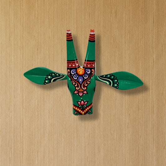 Handcrafted Wooden Cow Head Wall Hanging | Emerald Green Traditional Odisha Folk Art Accent