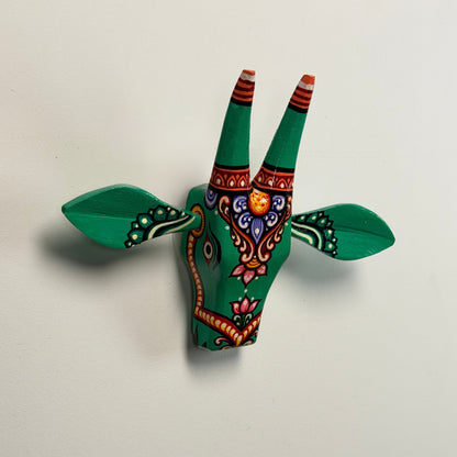 Handcrafted Wooden Cow Head Wall Hanging | Emerald Green Traditional Odisha Folk Art Accent