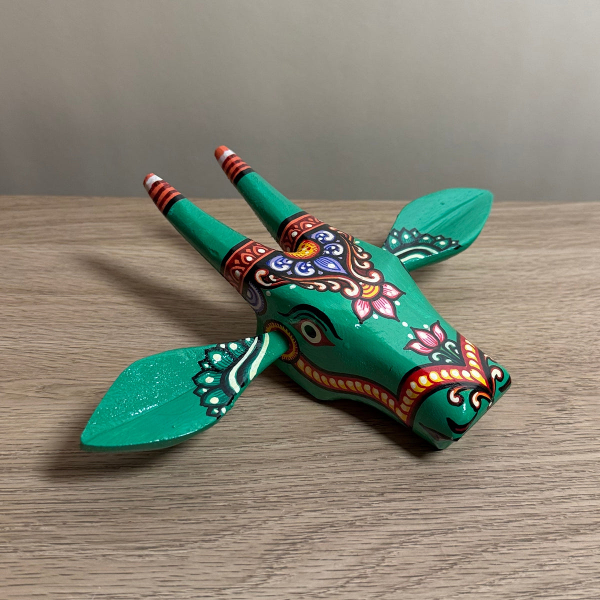 handcrafted wooden cow head wall hanging | emerald green traditional odisha folk art accent