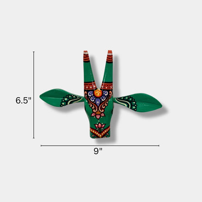 Handcrafted Wooden Cow Head Wall Hanging | Emerald Green Traditional Odisha Folk Art Accent
