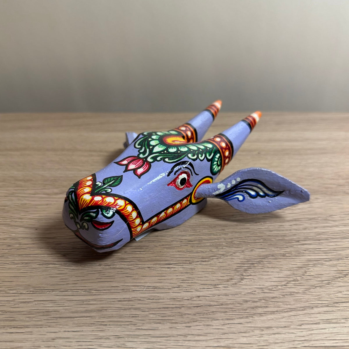 handcrafted wooden cow head wall hanging | lavender traditional odisha folk art accent