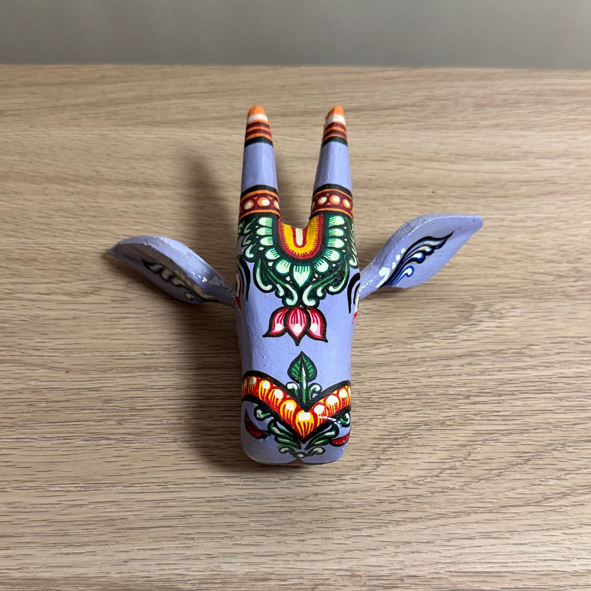 handcrafted wooden cow head wall hanging | lavender traditional odisha folk art accent