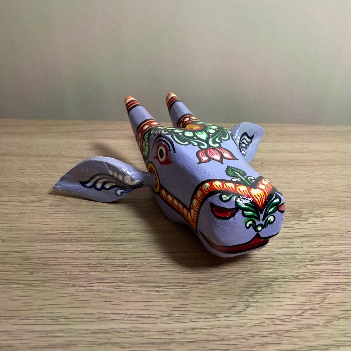handcrafted wooden cow head wall hanging | lavender traditional odisha folk art accent