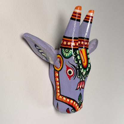 Handcrafted Wooden Cow Head Wall Hanging | Lavender Traditional Odisha Folk Art Accent