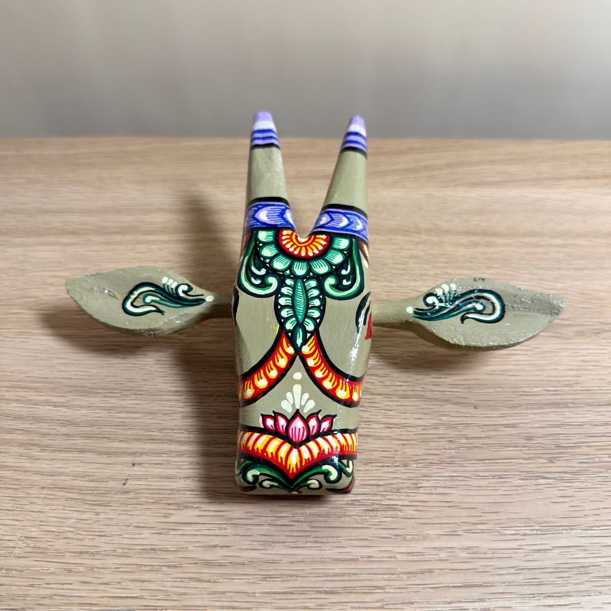 handcrafted wooden cow head wall hanging | sage greenish-grey traditional odisha folk art accent