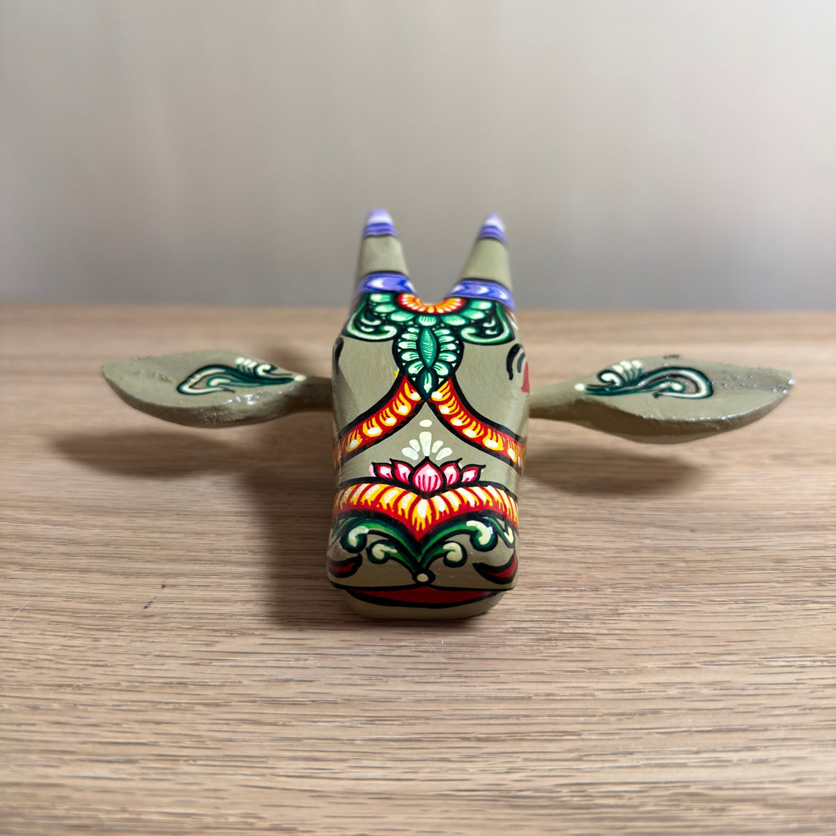 handcrafted wooden cow head wall hanging | sage greenish-grey traditional odisha folk art accent