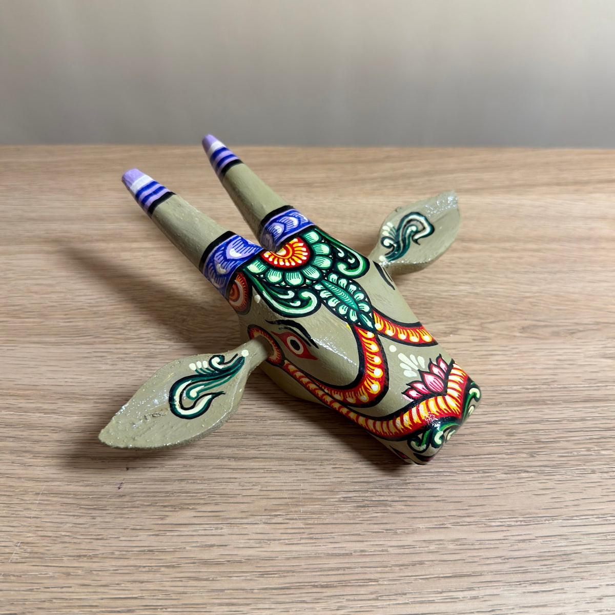 handcrafted wooden cow head wall hanging | sage greenish-grey traditional odisha folk art accent