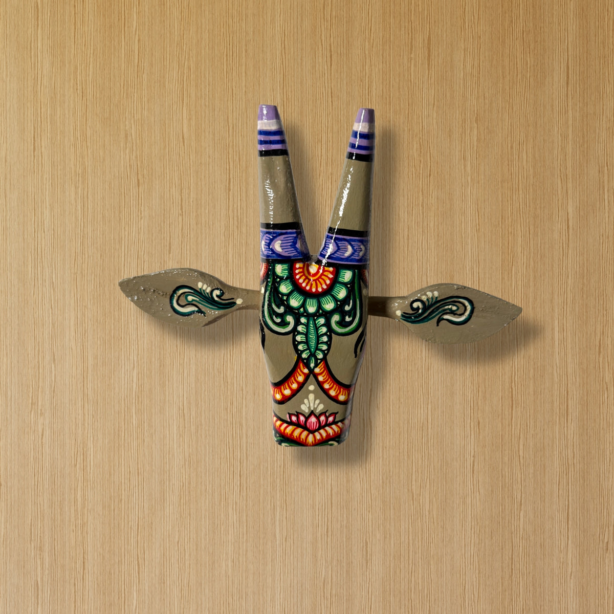 handcrafted wooden cow head wall hanging | sage greenish-grey traditional odisha folk art accent