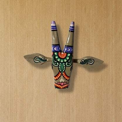 Handcrafted Wooden Cow Head Wall Hanging | Sage Greenish-Grey Traditional Odisha Folk Art Accent