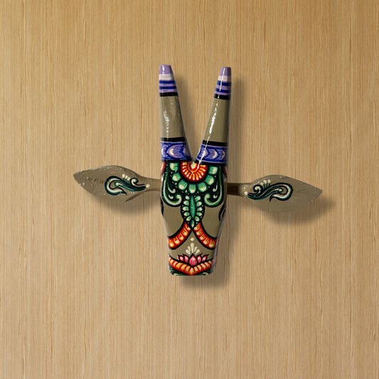 Handcrafted Wooden Cow Head Wall Hanging | Sage Greenish-Grey Traditional Odisha Folk Art Accent