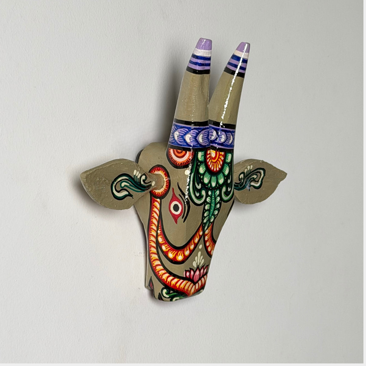 handcrafted wooden cow head wall hanging | sage greenish-grey traditional odisha folk art accent