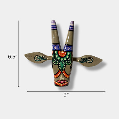 Handcrafted Wooden Cow Head Wall Hanging | Sage Greenish-Grey Traditional Odisha Folk Art Accent