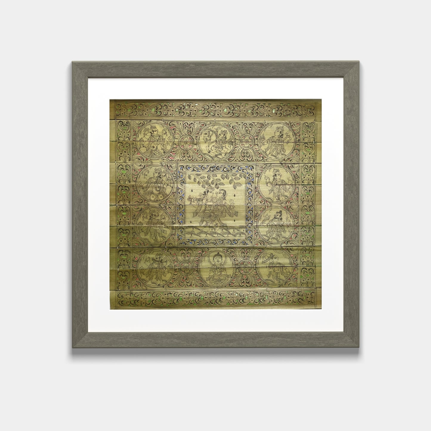 handcrafted odisha palm leaf art - radha krishna with dashavatara mandala