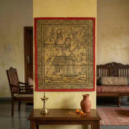 Handcrafted Odisha Palm Leaf Engraving - Radha Krishna with Surabhi Cow (Cloth Backed)