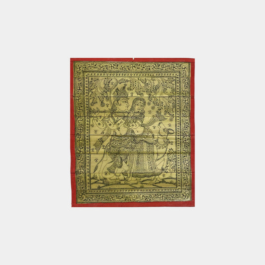 Handcrafted Odisha Palm Leaf Engraving - Radha Krishna with Surabhi Cow (Cloth Backed)