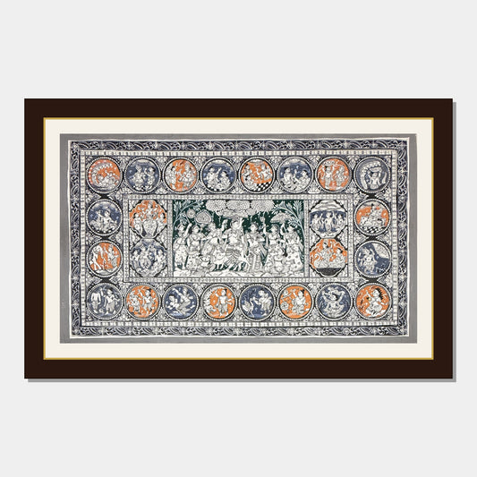 Handmade Krishna Leela Narrative Circular Odisha Pattachitra Painting