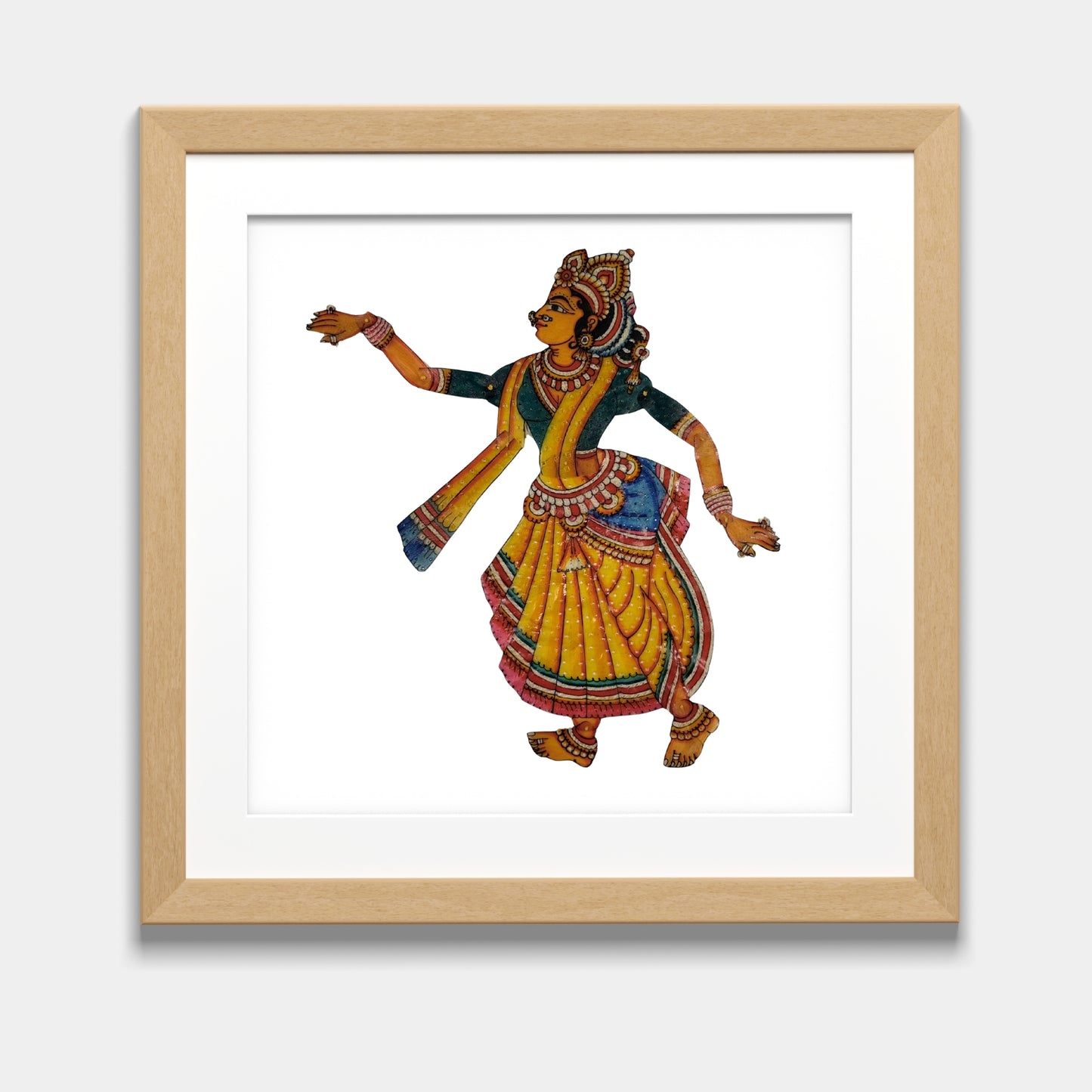 handmade tholu bommalata leather puppet devi sita – yellow & blue edition (unframed)