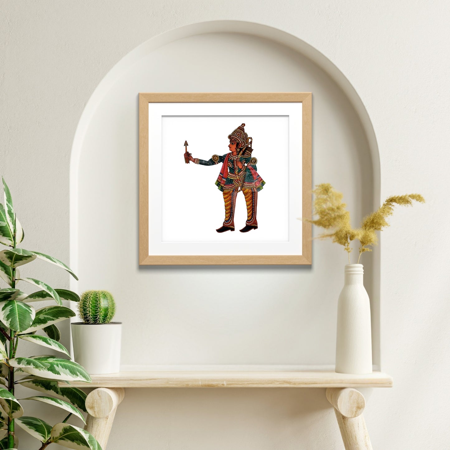 handmade tholu bommalata leather puppet prince laxman – green warrior form (unframed)
