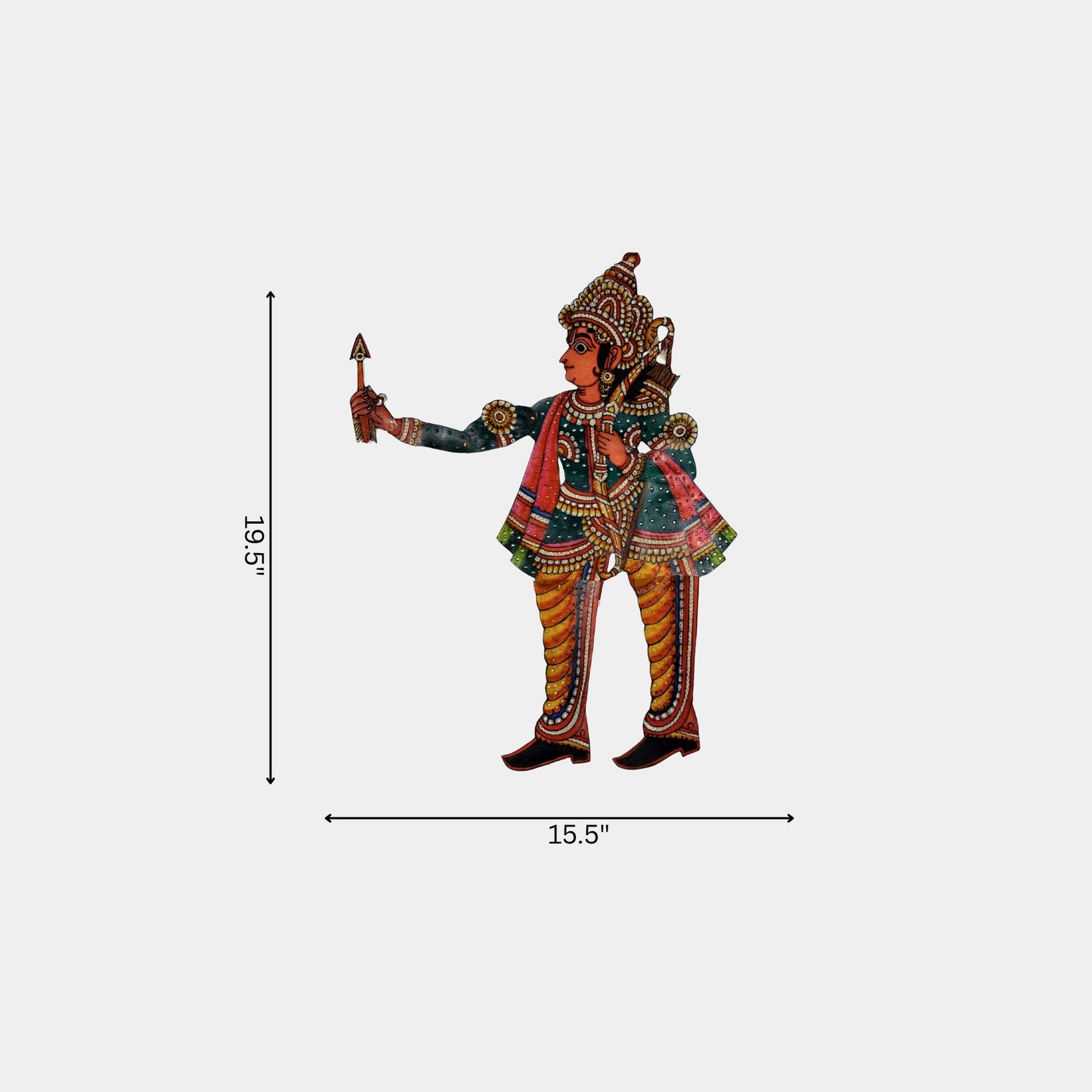 handmade tholu bommalata leather puppet prince laxman – green warrior form (unframed)