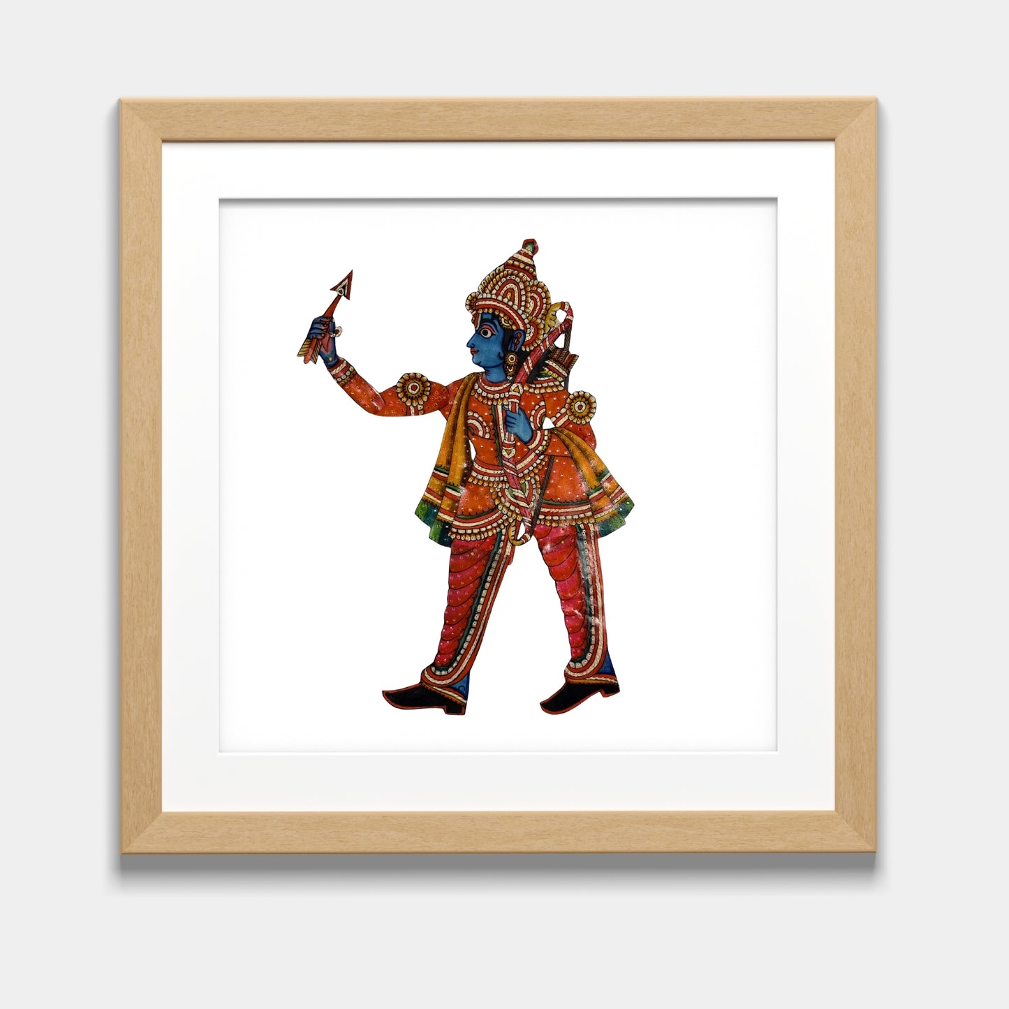 handmade tholu bommalata leather puppet lord ram – orange warrior form (unframed)