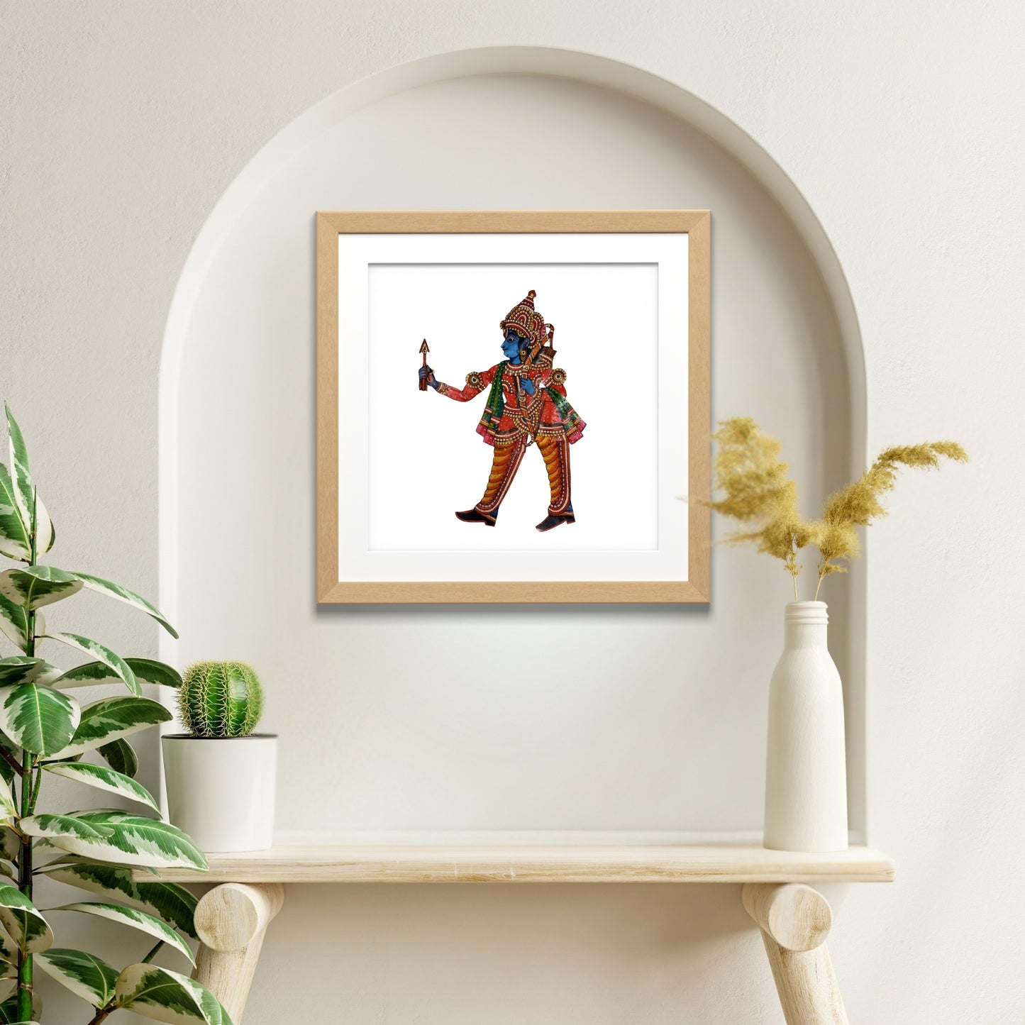 handmade tholu bommalata leather puppet lord ram – red warrior form (unframed)