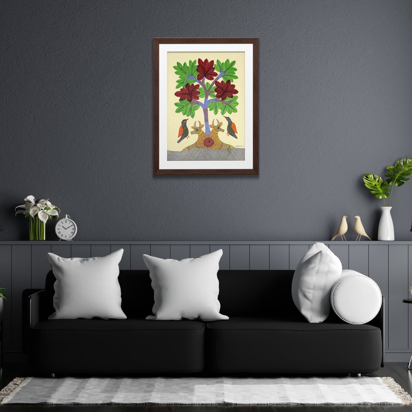 handmade gond folk art - bulls and songbirds under floral tree