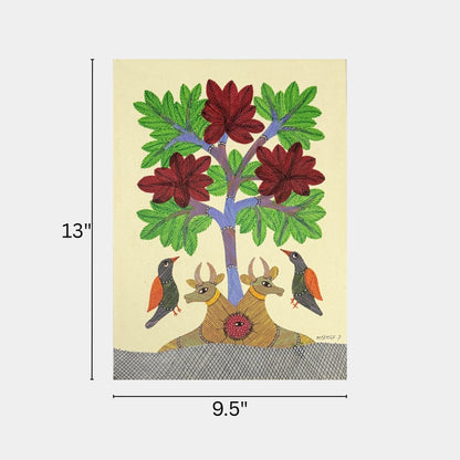 Handmade Gond Folk Art - Bulls and Songbirds under Floral Tree