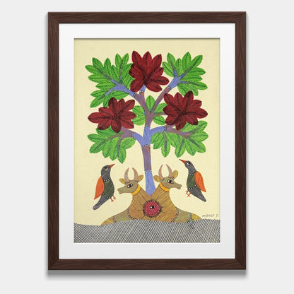 Handmade Gond Folk Art - Bulls and Songbirds under Floral Tree