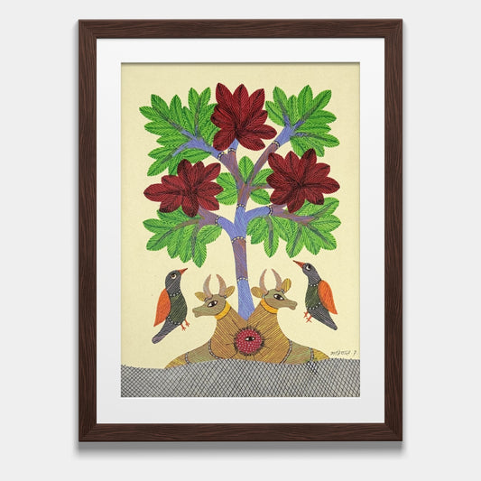 Handmade Gond Folk Art - Bulls and Songbirds under Floral Tree