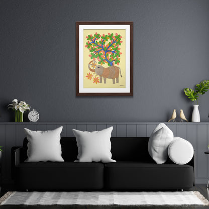 Handpainted Gond Art - Gentle Elephant under Spring Canopy