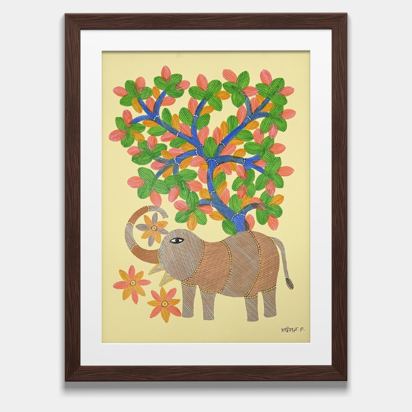 handpainted gond art - gentle elephant under spring canopy