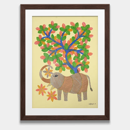 Handpainted Gond Art - Gentle Elephant under Spring Canopy